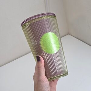 Starbucks 2025 Neon Lime Lilac Pleated Striped Grande Tumbler 16oz NO STRAW